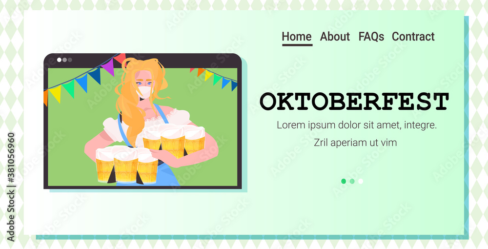 woman in mask holding beer mugs Oktoberfest party festival celebration self isolation coronavirus pandemic concept web browser window portrait horizontal copy space vector illustration woman in mask holding beer mugs Oktoberfest party festival celebration self isolation coronavirus pandemic concept web browser window portrait horizontal copy space vector illustration
