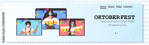 set mix race people in masks holding beer mugs Oktoberfest party celebration self isolation coronavirus pandemic concept web browser windows collection portrait horizontal copy space vector