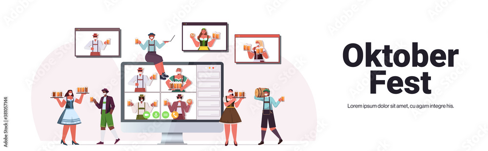 people in medical masks drinking beer discussing with friends during video call Oktoberfest party celebration coronavirus quarantine self isolation horizontal copy space vector illustration