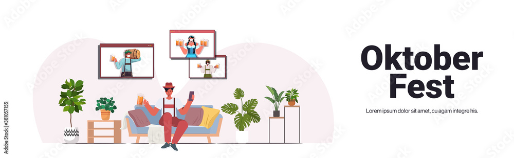 man drinking beer discussing with mix race friends during video call Oktoberfest party celebration coronavirus quarantine self isolation copy space horizontal vector illustration