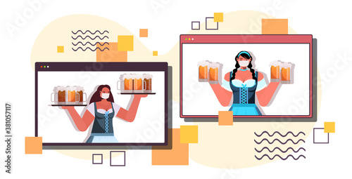 waitresess in masks holding beer mugs women in web browser windows discussing during video call Oktoberfest party celebration coronavirus quarantine self isolation horizontal portrait vector