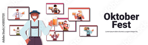 man in mask drinking beer discussing with mix race friends in web browser windows during video call Oktoberfest party celebration coronavirus quarantine self isolation horizontal copy space vector