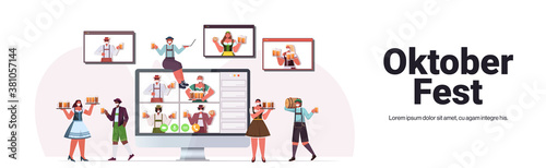 people in medical masks drinking beer discussing with friends during video call Oktoberfest party celebration coronavirus quarantine self isolation horizontal copy space vector illustration