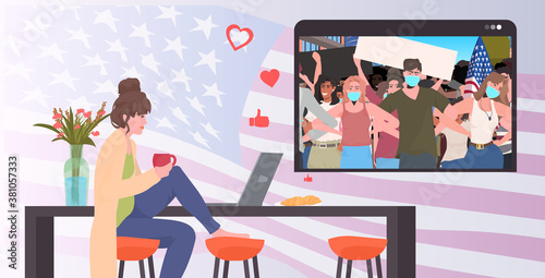 woman using laptop watching online video people in masks holding usa flags labor day celebration coronavirus quarantine self isolation concept kitchen interior horizontal vector illustration