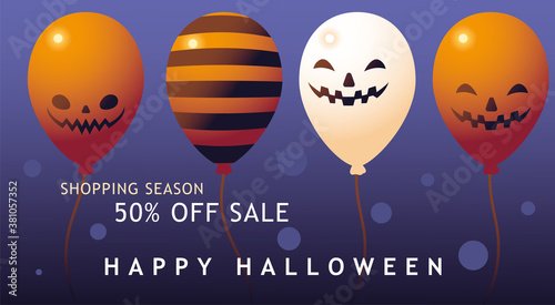 happy halloween shopping season with pumpkins balloons vector design