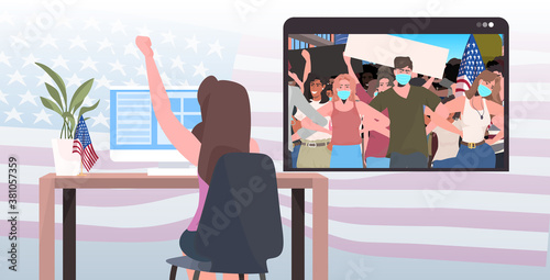 woman watching online video people in masks holding usa flags labor day celebration coronavirus quarantine self isolation concept office interior horizontal portrait vector illustration