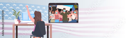 woman watching online video people in masks holding usa flags labor day celebration coronavirus quarantine self isolation concept office interior horizontal portrait vector illustration