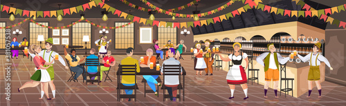 people drinking beer in pub Oktoberfest party celebration concept mix race men women having fun horizontal full length vector illustration