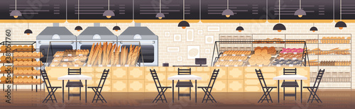 modern bakery interior empty no people restaurant flat horizontal vector illustration
