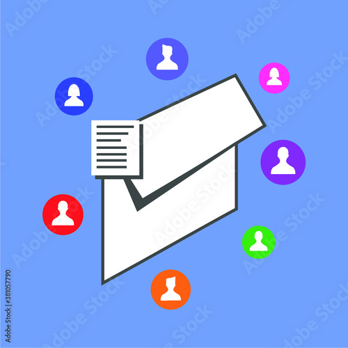 envelope surrounded by people icons, message, mail, sms