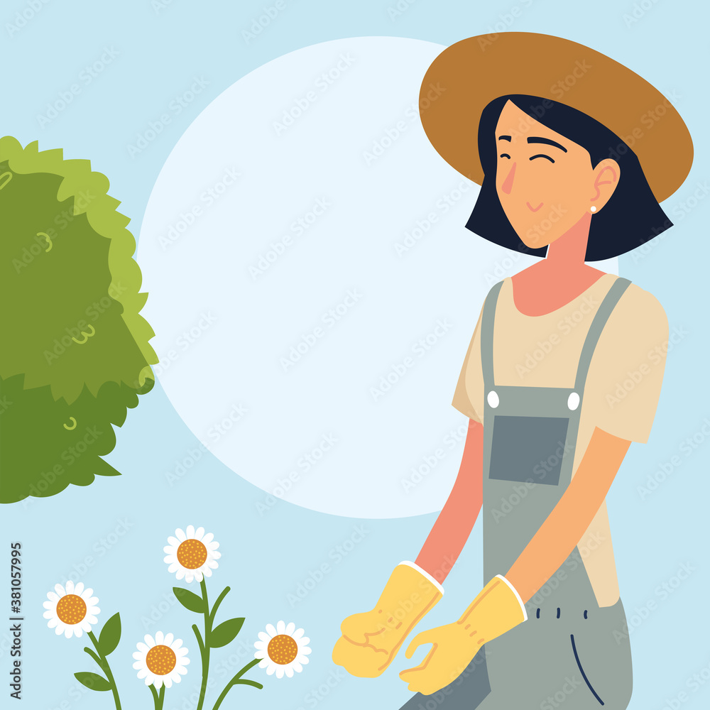 gardener woman cartoon with overall flowers and shrub vector design gardener woman cartoon with overall flowers and shrub vector design