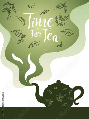 time for tea with pot and leaves on smoke vector design