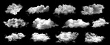 Set of white clouds isolated on black background.