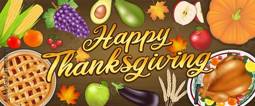 happy thanksgiving celebration festival banner with food and fruit