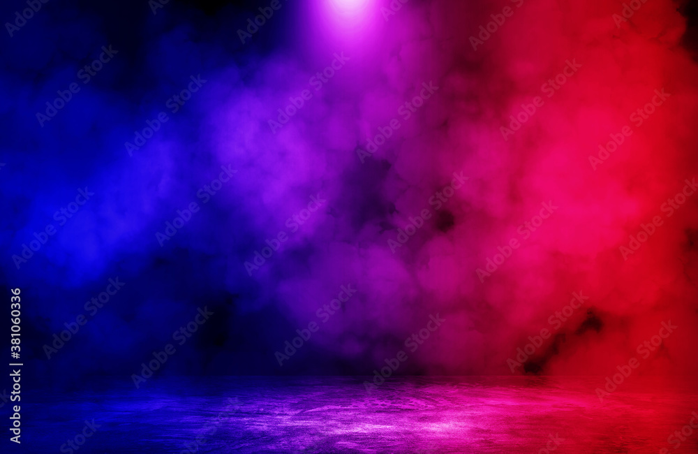 Empty space of Studio dark room with fog or mist and lighting effect red and blue on concrete floor grunge texture background.