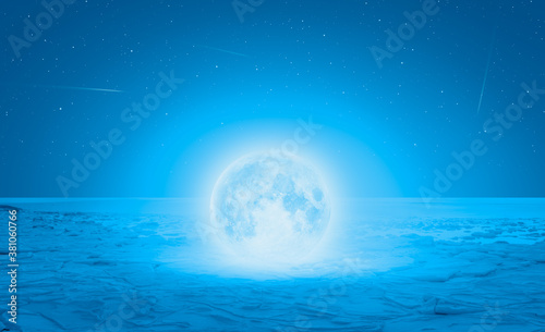 Full moon on the frozen sea, falling star in the background "Elements of this image furnished by NASA"