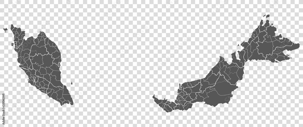 Naklejka premium Blank map of Malaysia. Departments of Malaysia map. High detailed gray vector map of Malaysia on transparent background for your web site design, logo, app, UI. EPS10. 