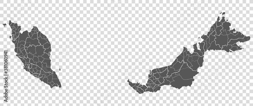 Blank map of Malaysia. Departments of Malaysia map. High detailed gray vector map of Malaysia on transparent background for your web site design, logo, app, UI. EPS10. 
