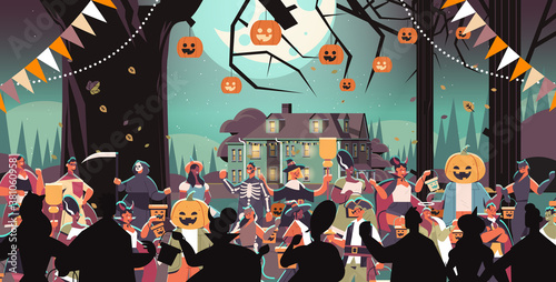 mix race people in costumes walking in town trick or treat happy halloween celebration coronavirus quarantine concept horizontal portrait vector illustration