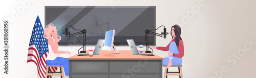 podcasters talking to microphones recording podcast in radio studio podcasting concept women couple discussing during meeting horizontal full length vector illustration