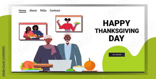 grandparents discussing with children during video call celebrating happy thanksgiving day online communication self isolation concept horizontal portrait copy space vector illustration