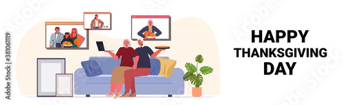 grandparents discussing with children during video call family celebrating happy thanksgiving day online communication self isolation concept horizontal copy space vector illustration