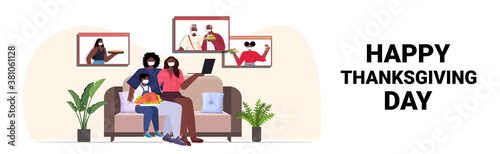 parents and child discussing with grandparents during video call family celebrating happy thanksgiving day online communication self isolation concept horizontal copy space full length vector