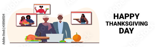grandparents discussing with children during video call celebrating happy thanksgiving day online communication self isolation concept horizontal portrait copy space vector illustration