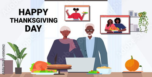 grandparents discussing with children during video call celebrating happy thanksgiving day online communication self isolation concept horizontal portrait copy space vector illustration