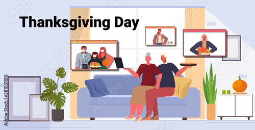 grandparents discussing with children during video call family celebrating happy thanksgiving day online communication self isolation concept horizontal copy space vector illustration