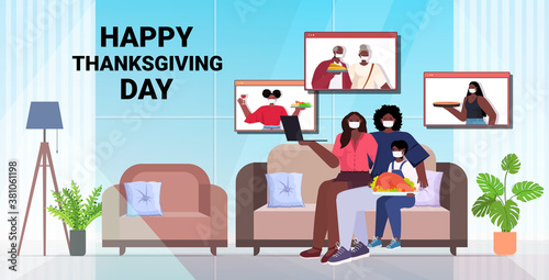 parents and child discussing with grandparents during video call family celebrating happy thanksgiving day online communication self isolation concept horizontal copy space full length vector