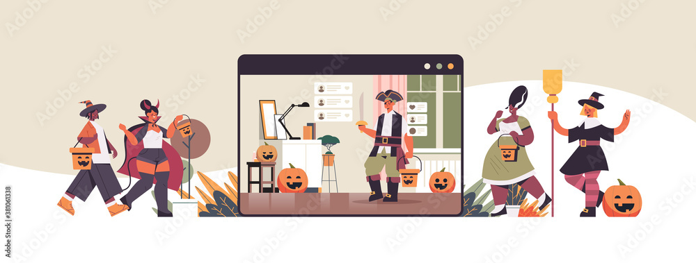 people in different costumes discussing during video call happy halloween holiday celebration self isolation online communication concept web browser window horizontal full length vector illustration
