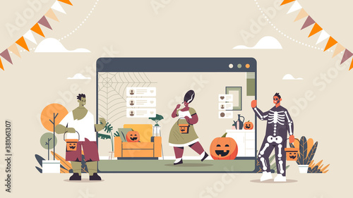 people in different costumes discussing during video call happy halloween holiday celebration self isolation online communication concept web browser window horizontal full length vector illustration