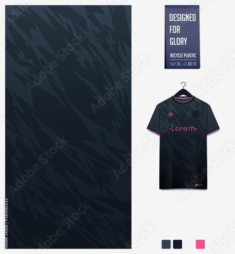 Fabric textile design. Thunder pattern on black gradient background for soccer jersey, football kit, bicycle, e-sport, basketball, sports uniform. T-shirt mockup template. Abstract sport background. 