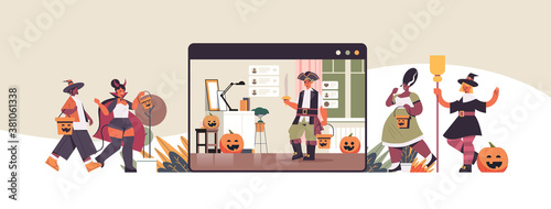 people in different costumes discussing during video call happy halloween holiday celebration self isolation online communication concept web browser window horizontal full length vector illustration