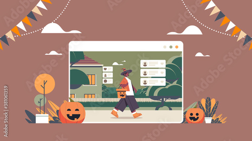woman in fairy costume chatting in web browser window happy halloween holiday celebration self isolation online communication concept horizontal full length vector illustration