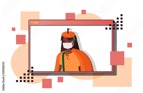 woman in mask wearing pumpkin costume happy halloween holiday celebration self isolation coronavirus quarantine concept web browser window portrait horizontal vector illustration