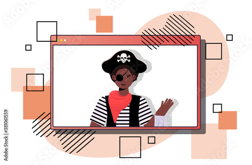 man in pirate costume happy halloween party celebration self isolation coronavirus quarantine concept web browser window portrait horizontal vector illustration