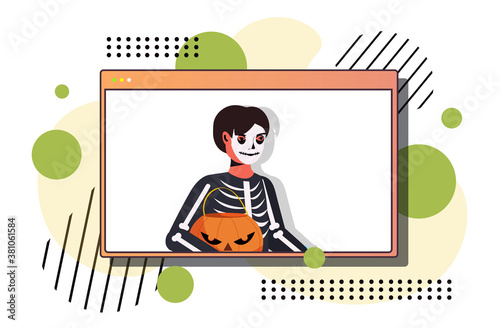 man in skeleton costume happy halloween holiday celebration self isolation coronavirus quarantine concept web browser window portrait horizontal vector illustration