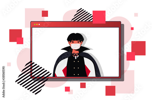 man in mask wearing dracula costume happy halloween holiday celebration self isolation coronavirus quarantine concept web browser window portrait horizontal vector illustration