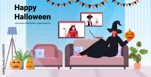 happy halloween holiday celebration woman in witch costume discussing with friends during video call online communication self isolation living room interior copy space horizontal vector illustration