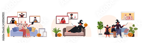 set people in different costumes discussing with friends during video call happy halloween holiday celebration online communication self isolation horizontal full length vector illustration