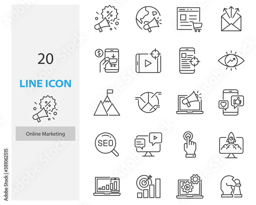 set of online marketing thin line icons, seo, ads