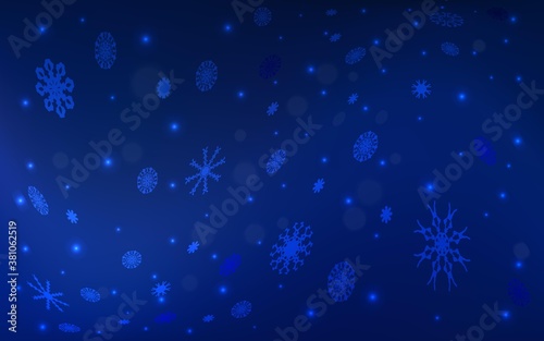 Dark BLUE vector texture with colored snowflakes. Decorative shining illustration with snow on abstract template. The pattern can be used for new year leaflets.