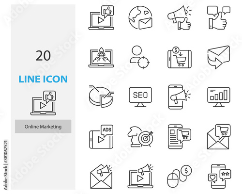 set of online marketing thin line icons, seo, ads