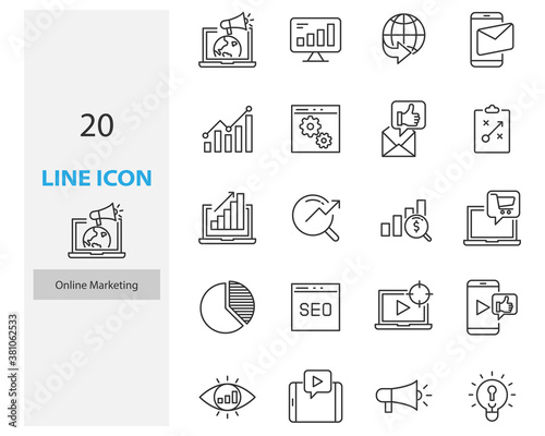 set of online marketing thin line icons, seo, ads