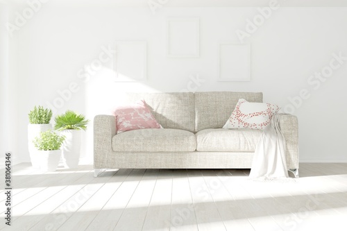 modern room with sofa,plant,frames interior design. 3D illustration