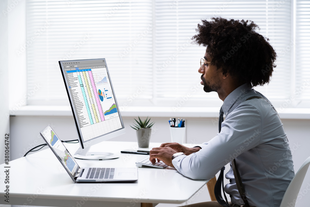 Analyst Employee Working With Spreadsheet Analyst Employee Working With Spreadsheet
