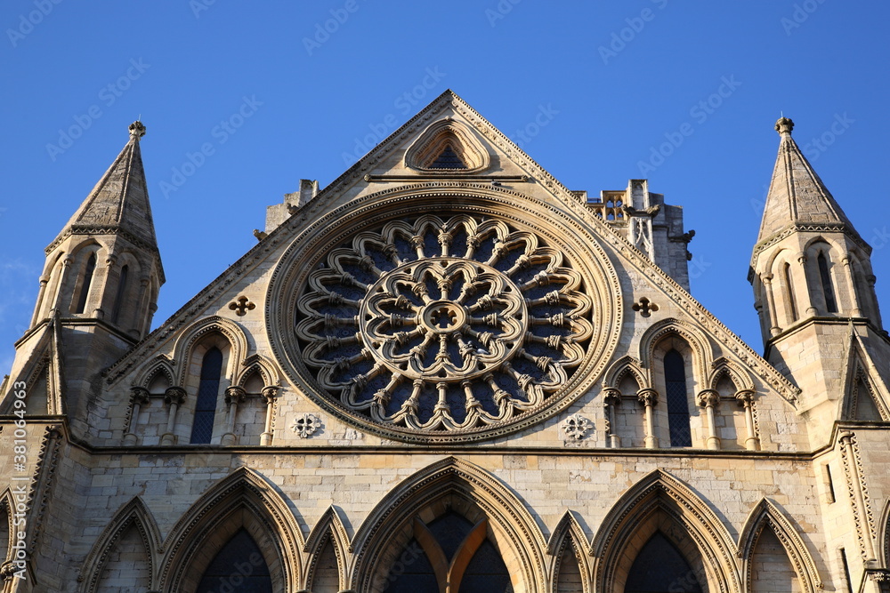 Close up of the Sculpture and architectural detail of the historic York Minster under sunset during in York,  Yorkshire, England, UK