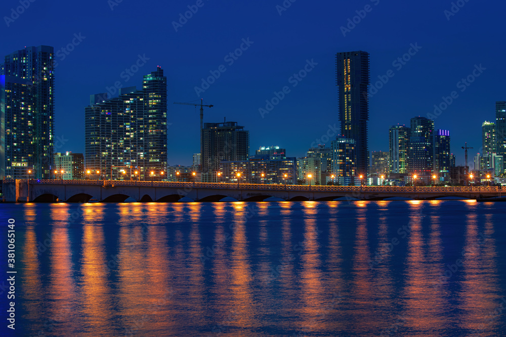 Miami City Skyline viewed from Biscayne Bay. Miami night.